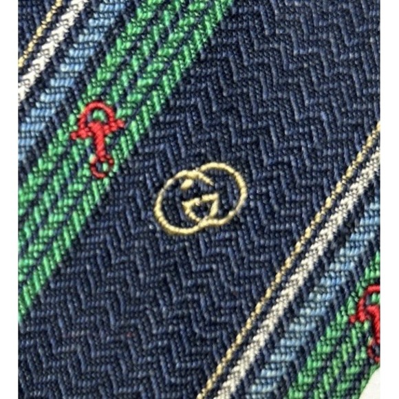 Vintage Gucci Blue Green Red Stripe Silk Linen Tie Made in Italy - Picture 3 of 5